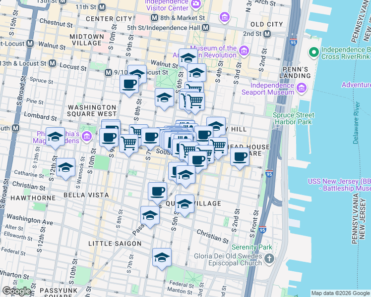 map of restaurants, bars, coffee shops, grocery stores, and more near 517 South Randolph Street in Philadelphia