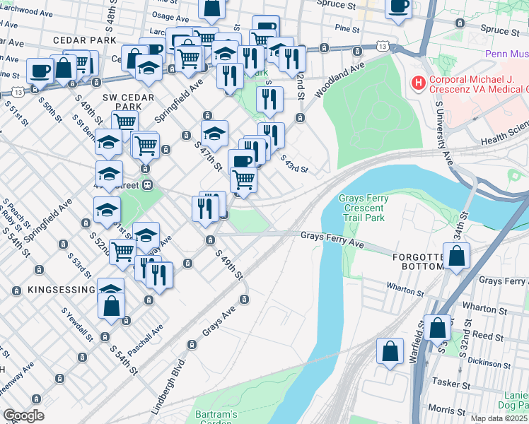 map of restaurants, bars, coffee shops, grocery stores, and more near 1417 South 47th Street in Philadelphia