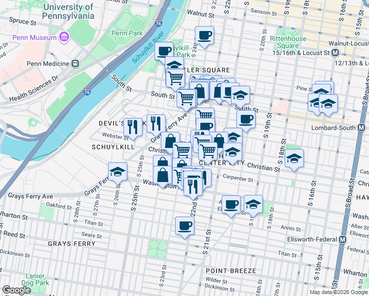 map of restaurants, bars, coffee shops, grocery stores, and more near South 23rd Street & Madison Square in Philadelphia