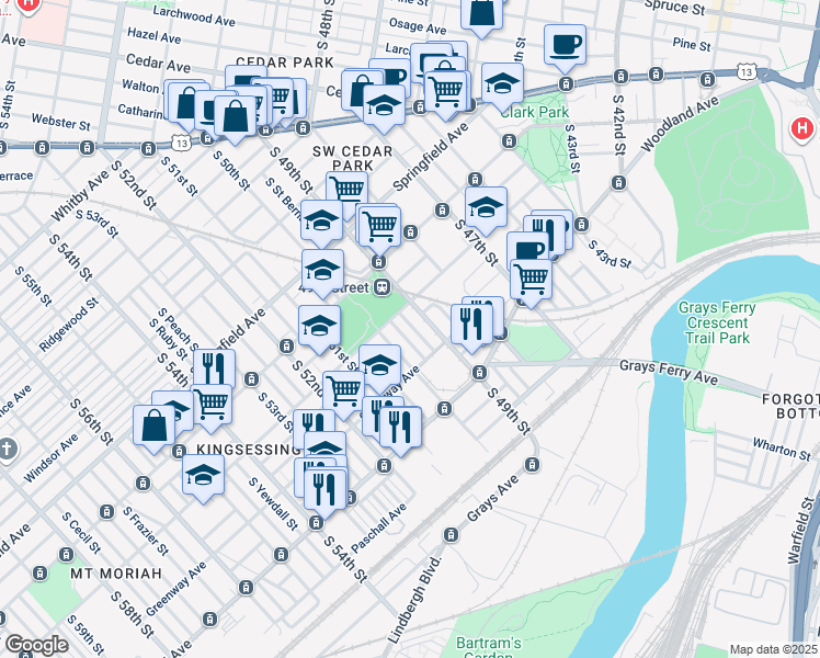 map of restaurants, bars, coffee shops, grocery stores, and more near 1224 Greylock Street in Philadelphia