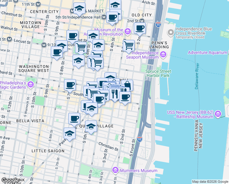 map of restaurants, bars, coffee shops, grocery stores, and more near in Philadelphia