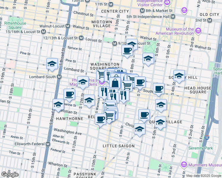 map of restaurants, bars, coffee shops, grocery stores, and more near 613 South Delhi Street in Philadelphia