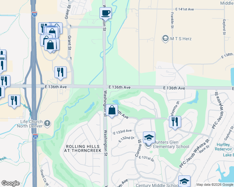 map of restaurants, bars, coffee shops, grocery stores, and more near 904 Thorncreek Court in Thornton