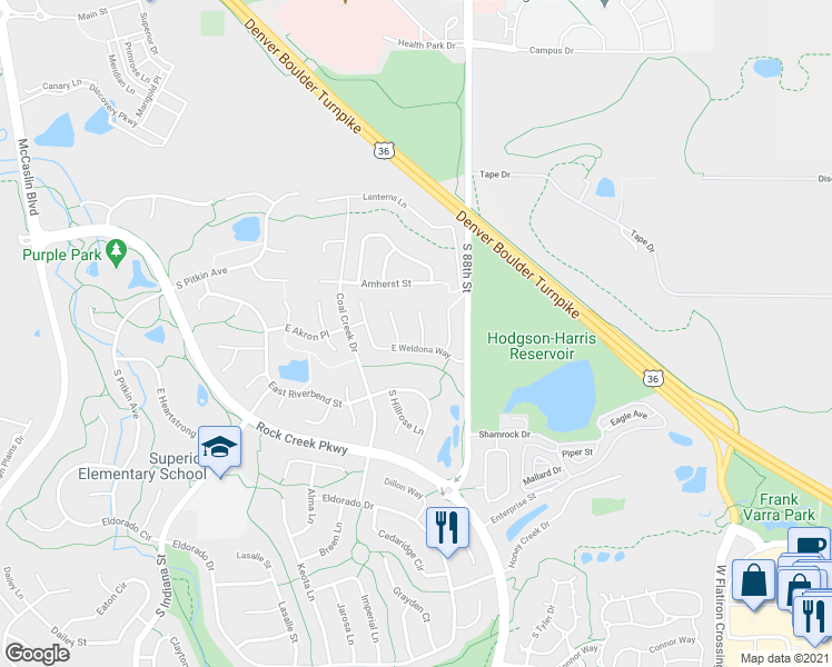 map of restaurants, bars, coffee shops, grocery stores, and more near 1283 South Elmoro Court in Superior