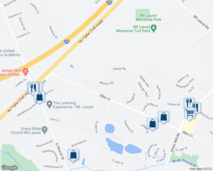 map of restaurants, bars, coffee shops, grocery stores, and more near 208 Wharton Road in Mount Laurel Township