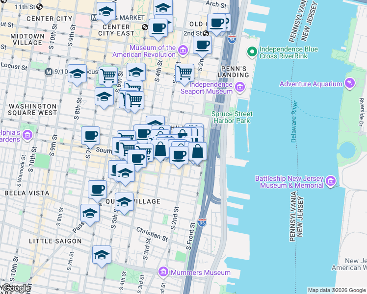 map of restaurants, bars, coffee shops, grocery stores, and more near in Philadelphia