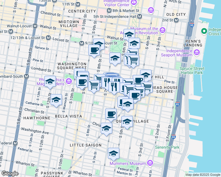 map of restaurants, bars, coffee shops, grocery stores, and more near 622 South Street in Philadelphia