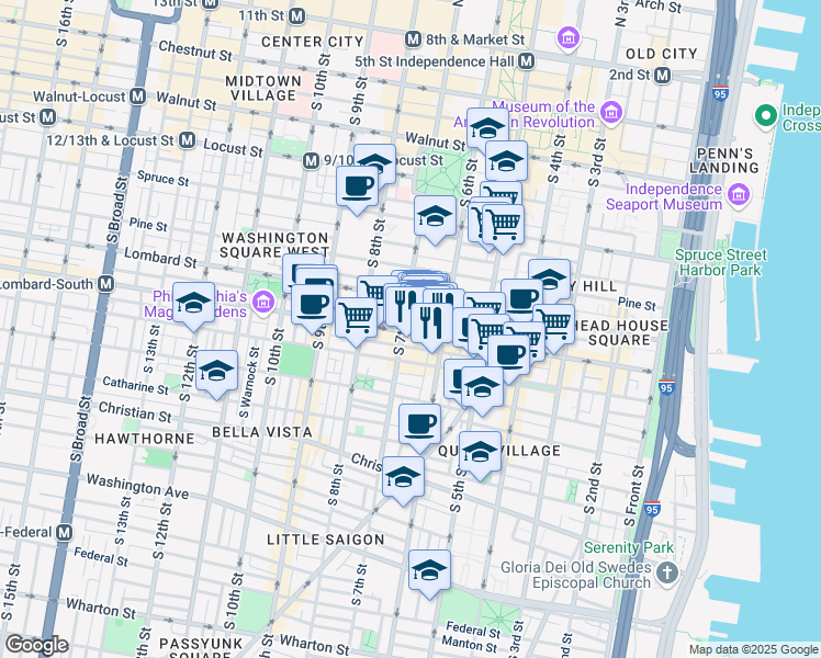 map of restaurants, bars, coffee shops, grocery stores, and more near 622 South Street in Philadelphia