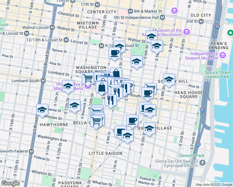map of restaurants, bars, coffee shops, grocery stores, and more near in Philadelphia