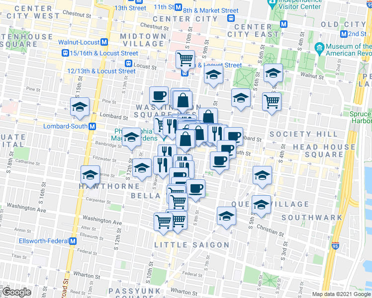 map of restaurants, bars, coffee shops, grocery stores, and more near 618 South 9th Street in Philadelphia