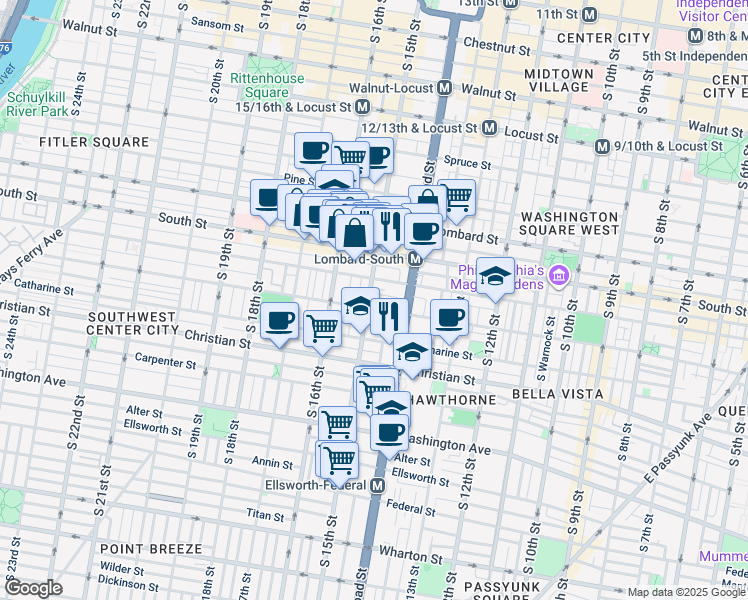 map of restaurants, bars, coffee shops, grocery stores, and more near 1510 Fitzwater Street in Philadelphia