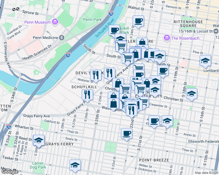 map of restaurants, bars, coffee shops, grocery stores, and more near 2400 Christian Street in Philadelphia