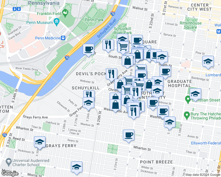 map of restaurants, bars, coffee shops, grocery stores, and more near 2400 Christian Street in Philadelphia