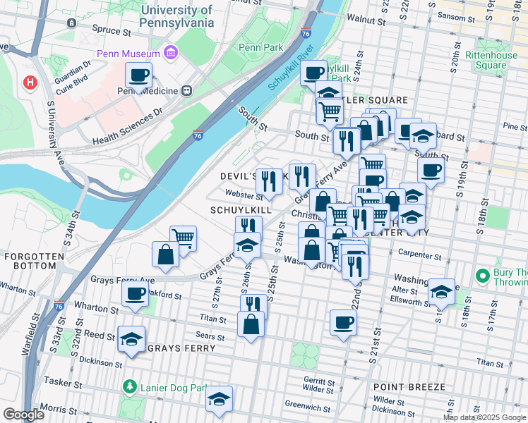 map of restaurants, bars, coffee shops, grocery stores, and more near 2549 Montrose Street in Philadelphia