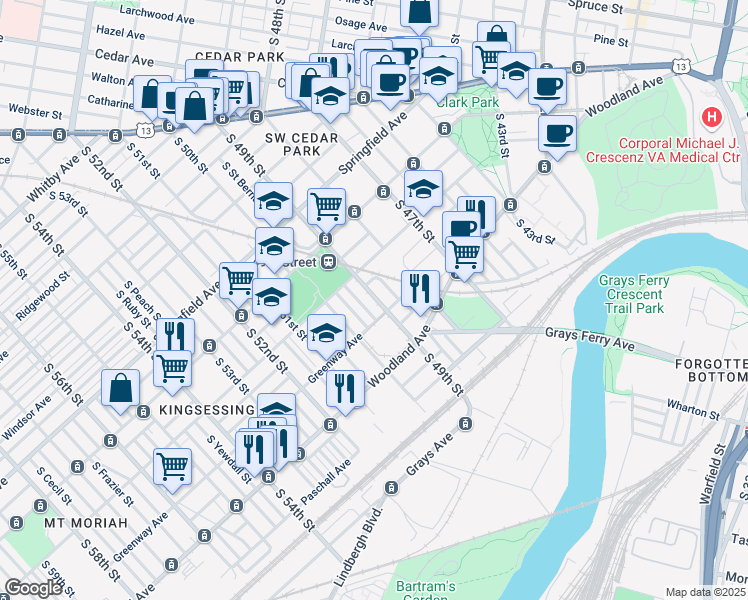 map of restaurants, bars, coffee shops, grocery stores, and more near 1255 Greylock Street in Philadelphia