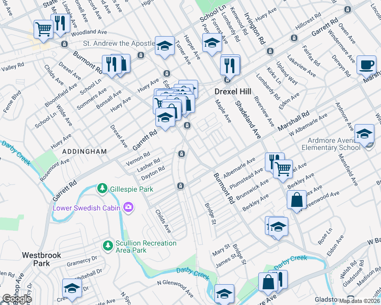 map of restaurants, bars, coffee shops, grocery stores, and more near 330 Burmont Road in Drexel Hill