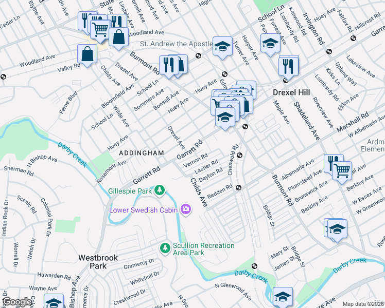 map of restaurants, bars, coffee shops, grocery stores, and more near 4101 Vernon Road in Drexel Hill