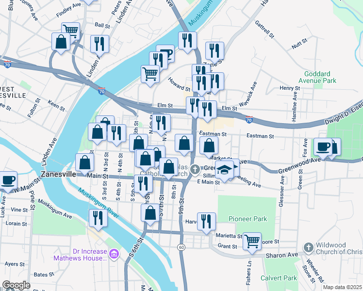 map of restaurants, bars, coffee shops, grocery stores, and more near 821 Market Street in Zanesville