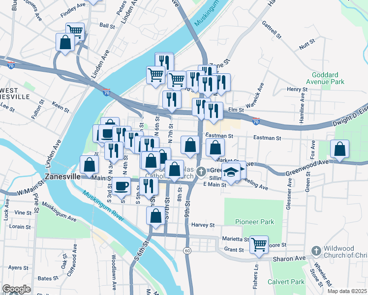 map of restaurants, bars, coffee shops, grocery stores, and more near 821 Market Street in Zanesville