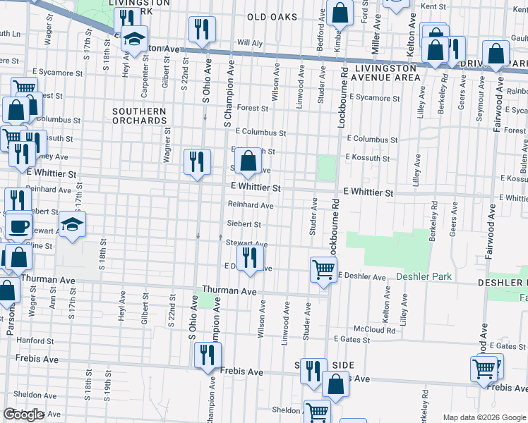 map of restaurants, bars, coffee shops, grocery stores, and more near 1147 Wilson Avenue in Columbus