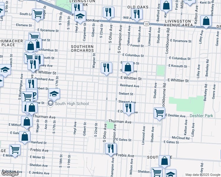 map of restaurants, bars, coffee shops, grocery stores, and more near 1133 South Champion Avenue in Columbus