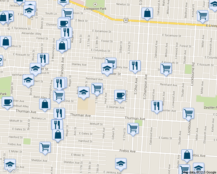 map of restaurants, bars, coffee shops, grocery stores, and more near 779 Siebert Street in Columbus