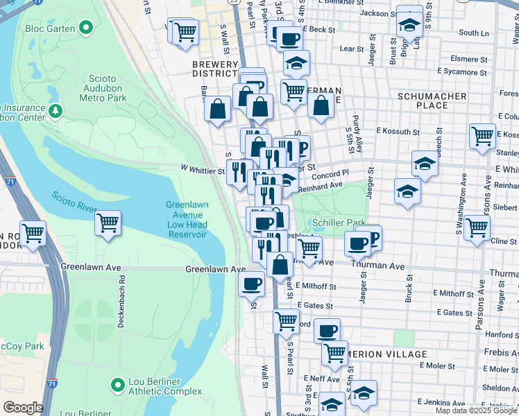 map of restaurants, bars, coffee shops, grocery stores, and more near in Columbus