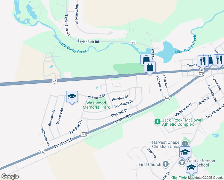 map of restaurants, bars, coffee shops, grocery stores, and more near 717 Kirkwood Drive in West Jefferson