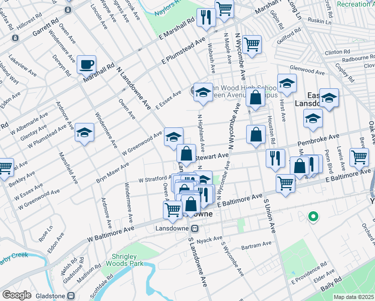map of restaurants, bars, coffee shops, grocery stores, and more near 105-117 North Lansdowne Avenue in Lansdowne