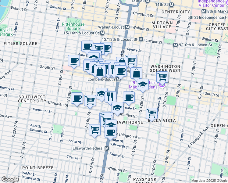map of restaurants, bars, coffee shops, grocery stores, and more near 720 South Broad Street in Philadelphia