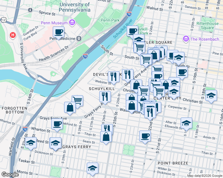 map of restaurants, bars, coffee shops, grocery stores, and more near 2549 Montrose Street in Philadelphia