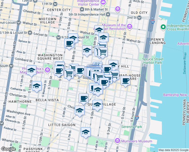 map of restaurants, bars, coffee shops, grocery stores, and more near 521 Randolph Court in Philadelphia