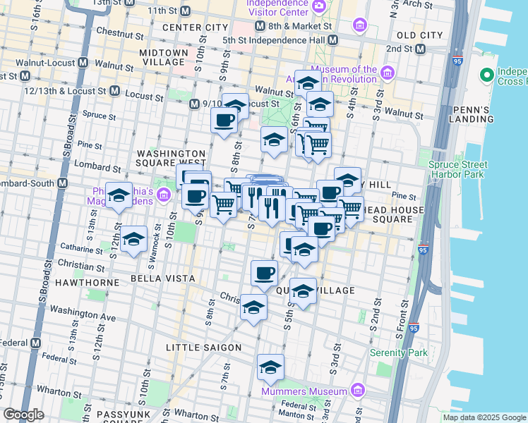 map of restaurants, bars, coffee shops, grocery stores, and more near 617 South Street in Philadelphia
