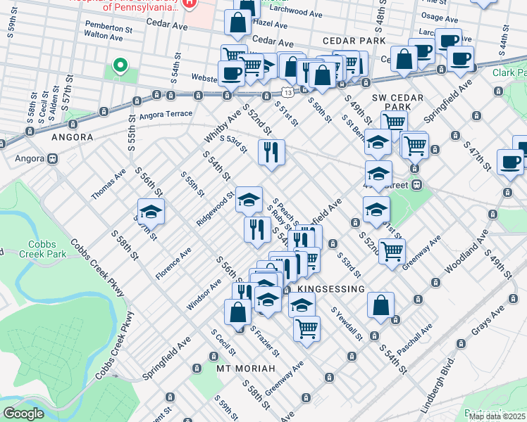 map of restaurants, bars, coffee shops, grocery stores, and more near 1245 South 54th Street in Philadelphia