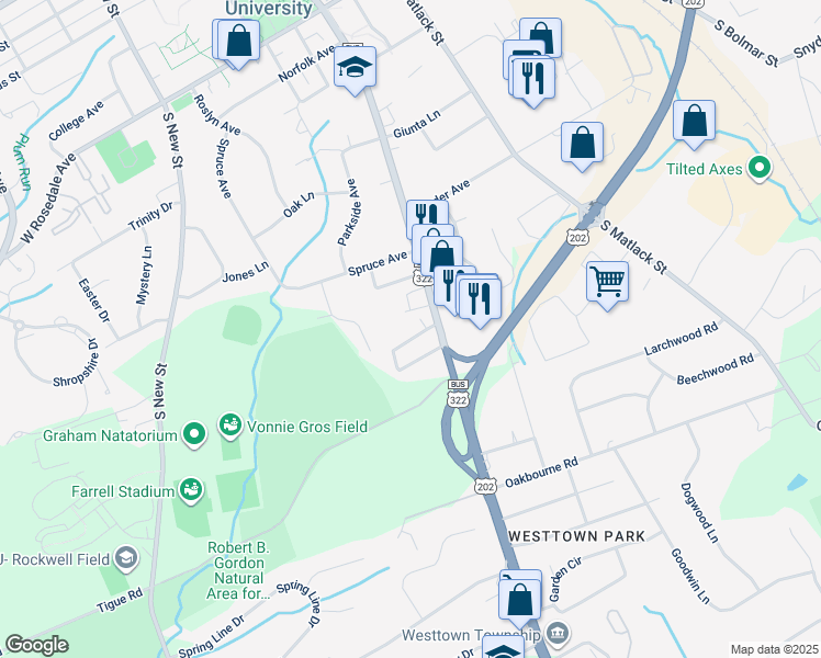 map of restaurants, bars, coffee shops, grocery stores, and more near 5 Lexington Avenue in West Chester