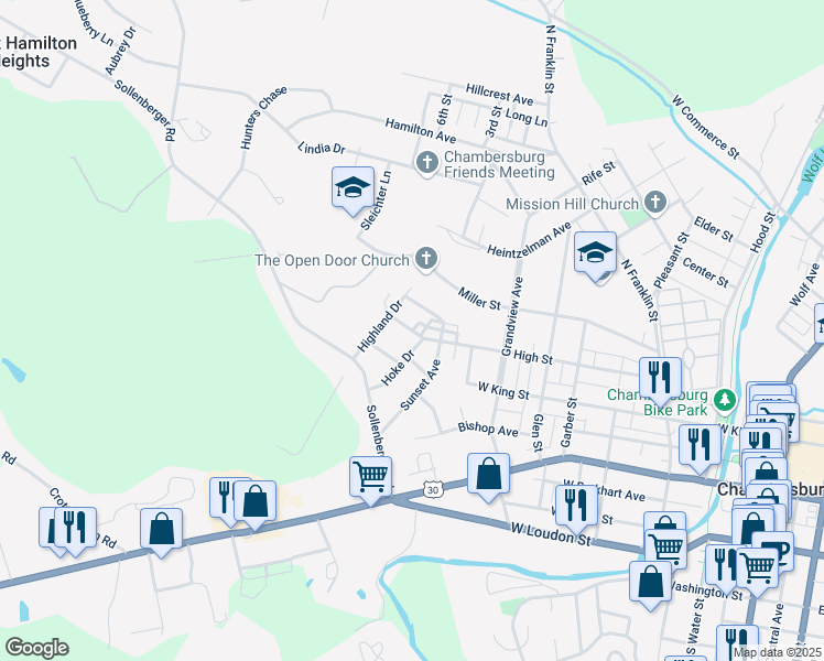 map of restaurants, bars, coffee shops, grocery stores, and more near 811 High Street in Chambersburg