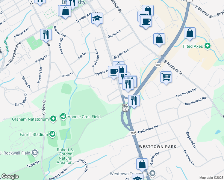 map of restaurants, bars, coffee shops, grocery stores, and more near 5 Lexington Avenue in West Chester