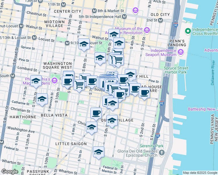 map of restaurants, bars, coffee shops, grocery stores, and more near 521 Randolph Court in Philadelphia