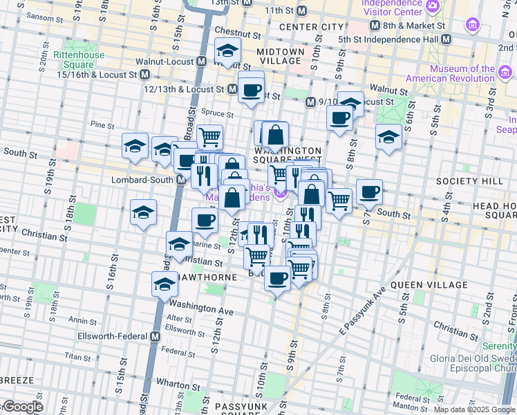 map of restaurants, bars, coffee shops, grocery stores, and more near 1107 Bainbridge Street in Philadelphia