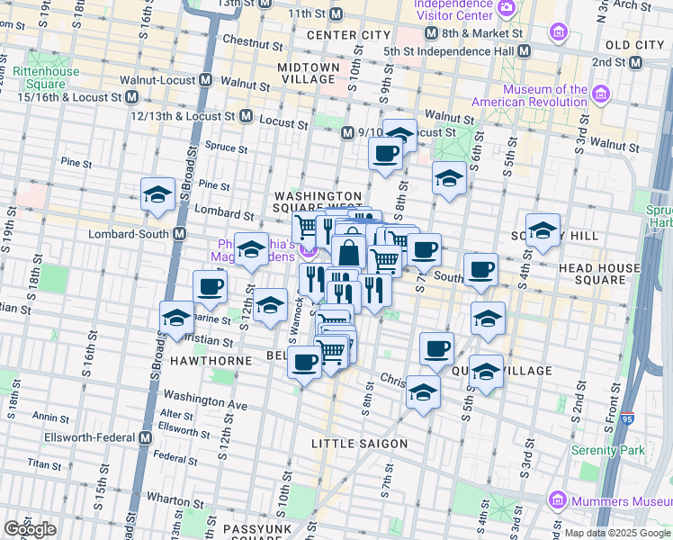 map of restaurants, bars, coffee shops, grocery stores, and more near 613 South Delhi Street in Philadelphia