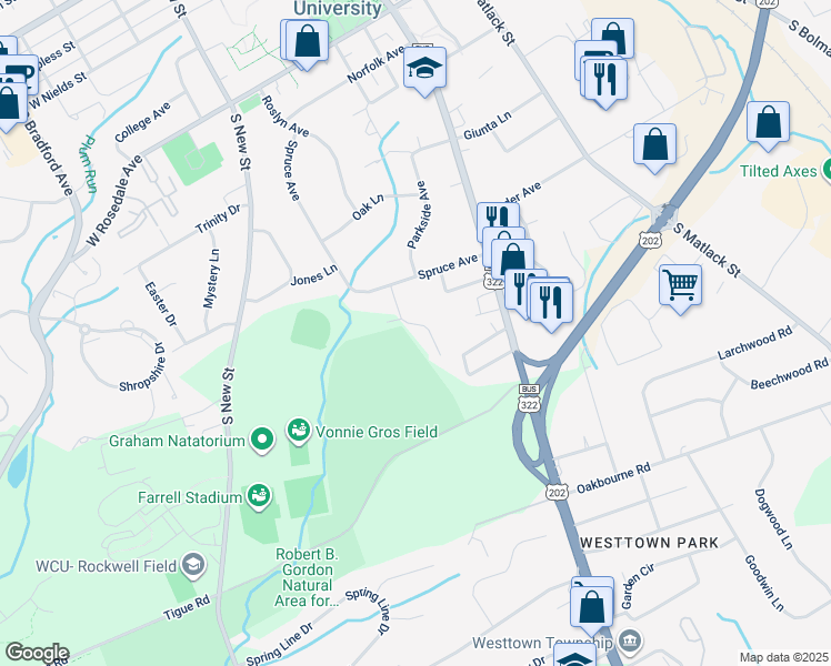 map of restaurants, bars, coffee shops, grocery stores, and more near 904 Sheridan Drive in West Chester
