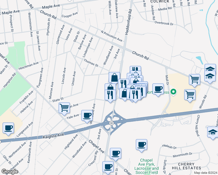 map of restaurants, bars, coffee shops, grocery stores, and more near 321 3rd Avenue in Cherry Hill