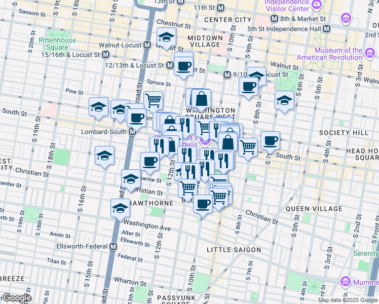 map of restaurants, bars, coffee shops, grocery stores, and more near 1107A Bainbridge Street in Philadelphia