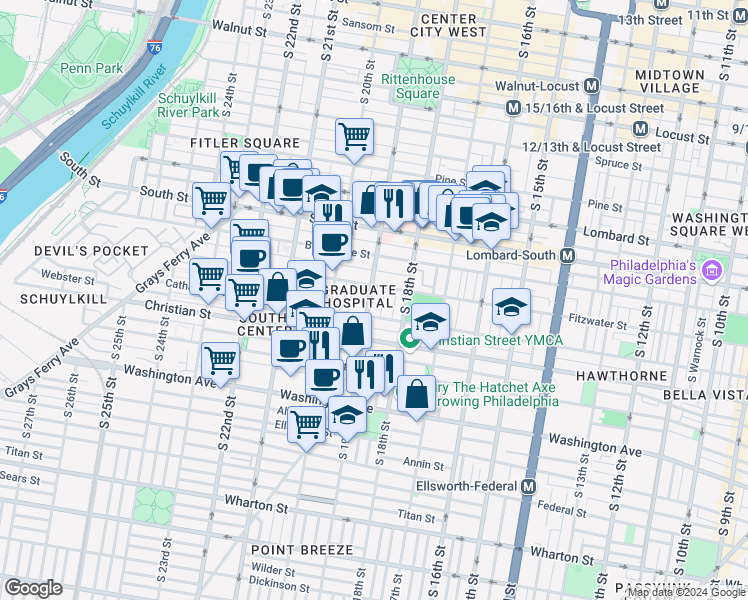 map of restaurants, bars, coffee shops, grocery stores, and more near 749 South 19th Street in Philadelphia