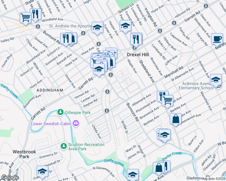 map of restaurants, bars, coffee shops, grocery stores, and more near 330 Burmont Road in Drexel Hill