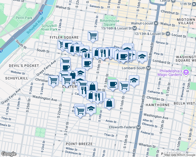 map of restaurants, bars, coffee shops, grocery stores, and more near 749 South 19th Street in Philadelphia