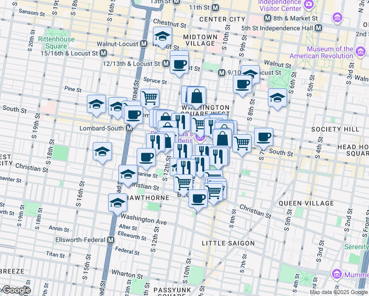 map of restaurants, bars, coffee shops, grocery stores, and more near 1107A Bainbridge Street in Philadelphia
