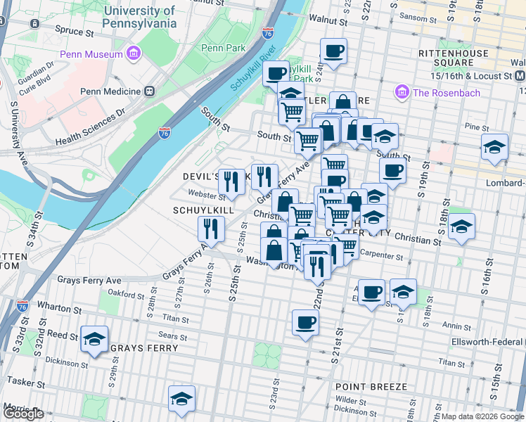 map of restaurants, bars, coffee shops, grocery stores, and more near 2400 Christian Street in Philadelphia