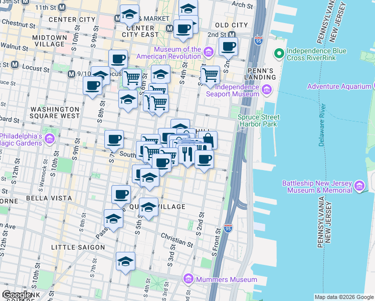 map of restaurants, bars, coffee shops, grocery stores, and more near in Philadelphia