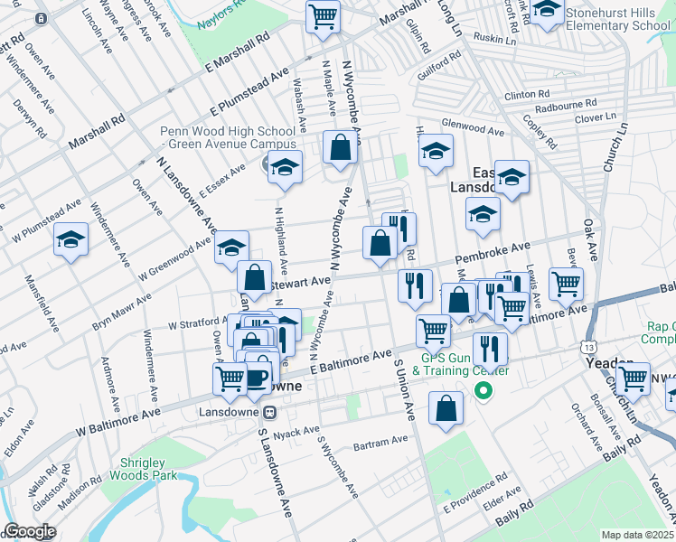 map of restaurants, bars, coffee shops, grocery stores, and more near 91 East Stewart Avenue in Lansdowne